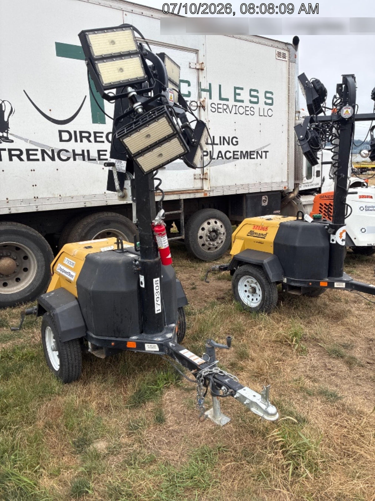 Allmand NLV3GR (4) LED Light Fixture 350W, 23' Vertical Mast, 3kW Prime, Towable, Deep Sea L401, Leveling Jacks, Yanmar T4F 5.8hp