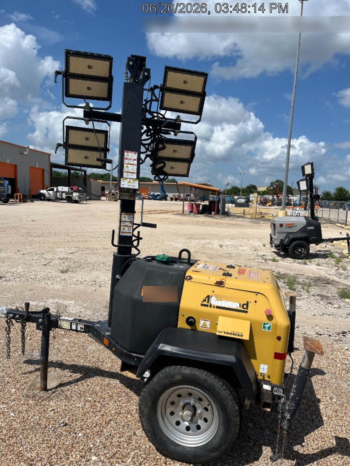 Allmand NLV3GR (4) LED Light Fixture 350W, 23' Vertical Mast, 3kW Prime, Towable, Deep Sea L401, Leveling Jacks, Yanmar T4F 5.8hp
