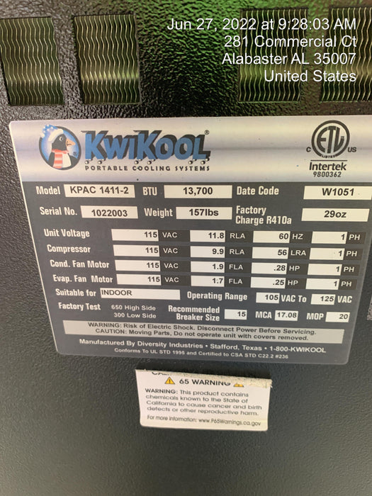 2022 KWIKOOL KPAC1411-2