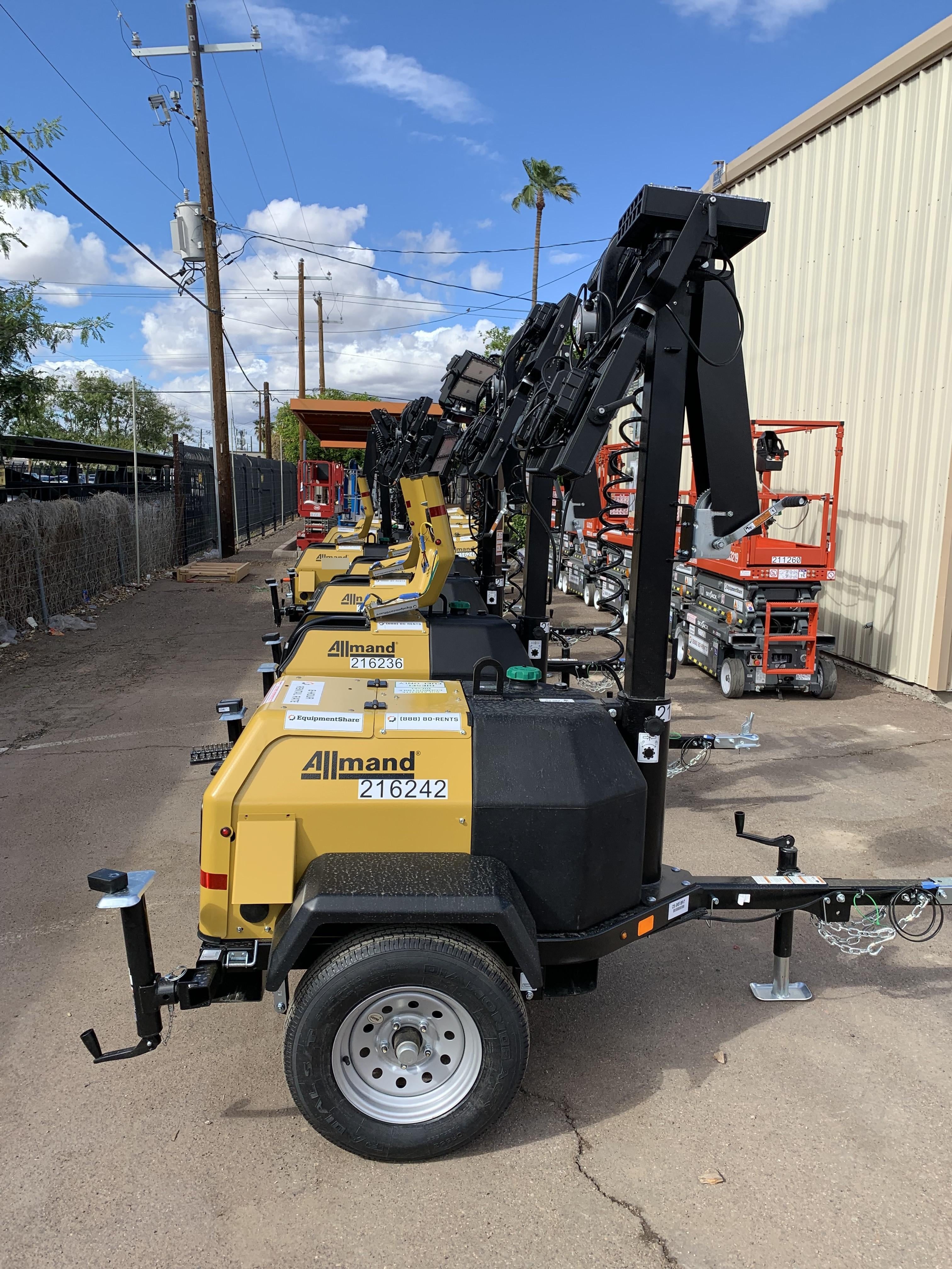 2022 Allmand NLV3GR (4) LED Light Fixture 350W, 23' Vertical Mast, 3kW Prime, Towable, Deep Sea L401, Leveling Jacks, Yanmar T4F 5.8hp