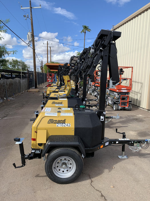 2022 Allmand NLV3GR (4) LED Light Fixture 350W, 23' Vertical Mast, 3kW Prime, Towable, Deep Sea L401, Leveling Jacks, Yanmar T4F 5.8hp