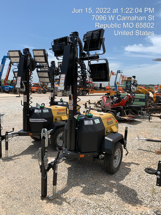 2022 Allmand NLV3GR (4) LED Light Fixture 350W, 23' Vertical Mast, 3kW Prime, Towable, Deep Sea L401, Leveling Jacks, Yanmar T4F 5.8hp