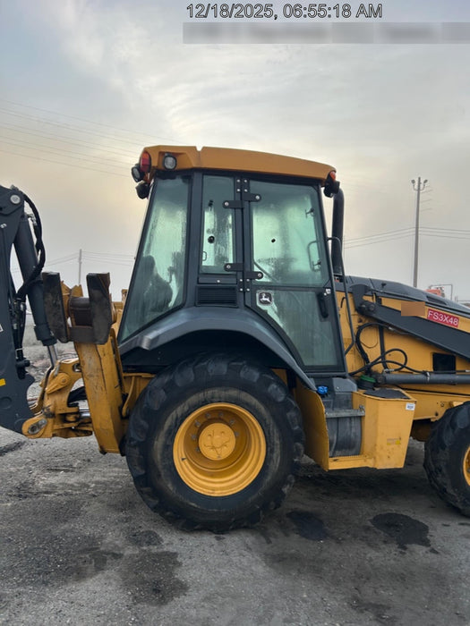 2019 John Deere 410L 4WD, CAB/HVAC, Standard Dipperstick, ISO Controls, Rear Aux Hydraulics, Manual QC w/1.5 Yd Bucket w/Forks, 24" Bucket