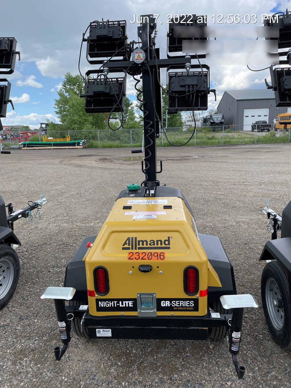 2022 Allmand NLV3GR (4) LED Light Fixture 350W, 23' Vertical Mast, 3kW Prime, Towable, Deep Sea L401, Leveling Jacks, Yanmar T4F 5.8hp
