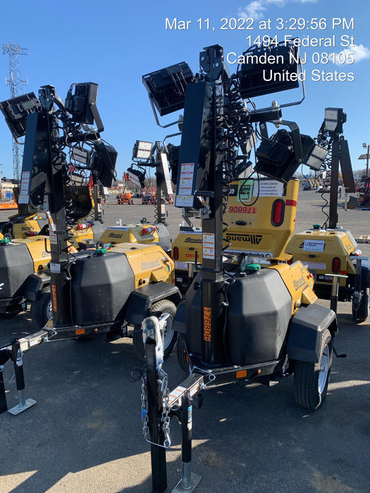 Allmand NLV3GR (4) LED Light Fixture 350W, 23' Vertical Mast, 3kW Prime, Towable, Deep Sea L401, Leveling Jacks, Yanmar T4F 5.8hp