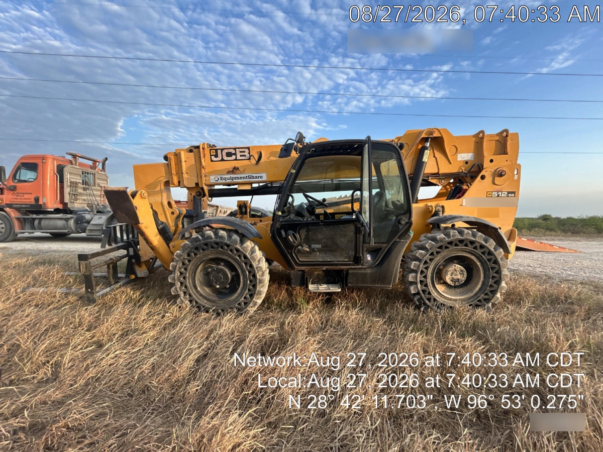 2019 JCB 512-56 74 HP w/CAB/HVAC, Beacon, Aux Hydraulics, Worklights, Solid Tires w/60" Carriage/Forks