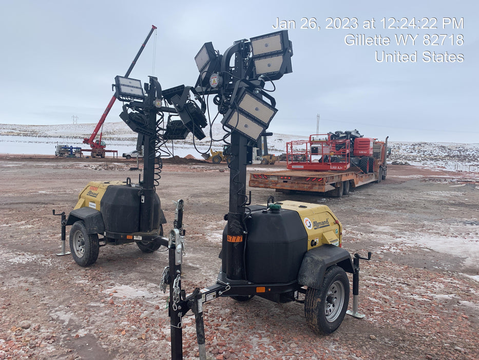 2022 Allmand NLV3GR (4) LED Light Fixture 350W, 23' Vertical Mast, 3kW Prime, Towable, ES Decals, T3