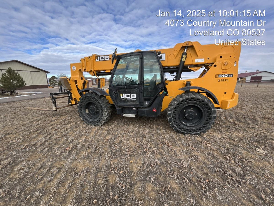 2018 JCB 510-56 JCB 510-56 Telehandler 74 HP w/CAB/HVAC, Beacon, Worklights, Aux Hydraulics, Solid Tires, 60" Carriage/Forks