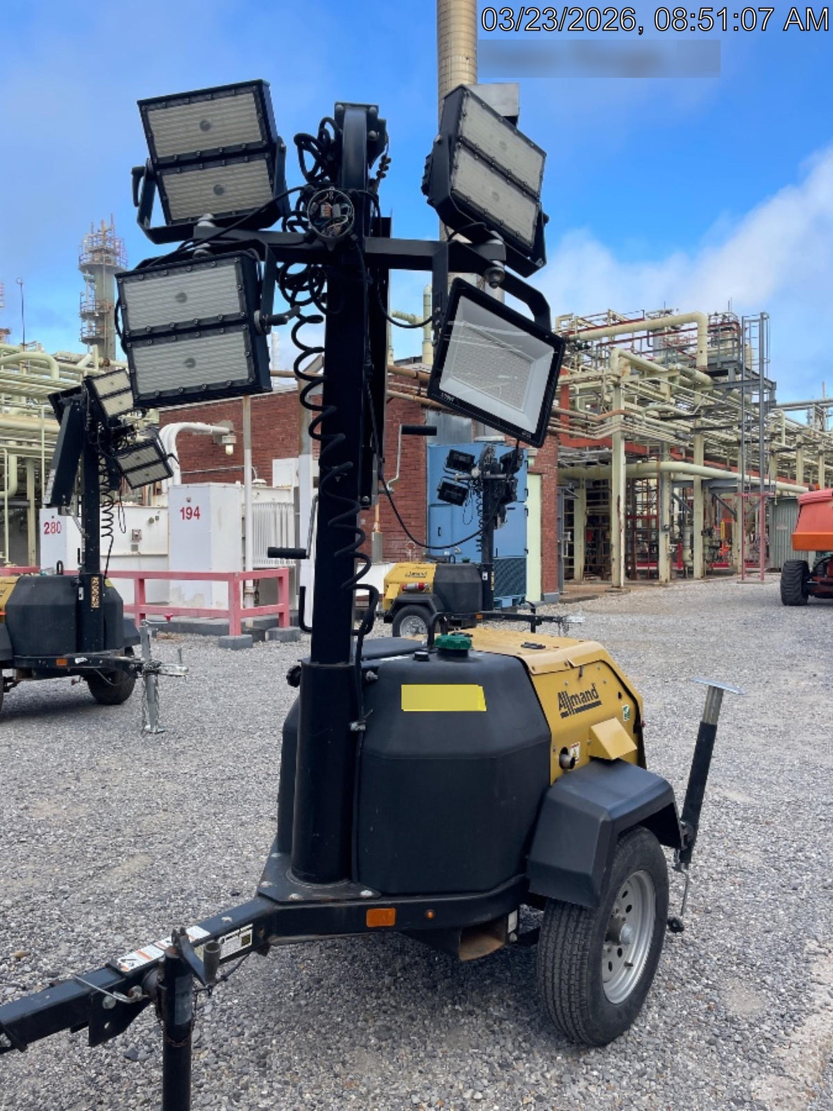 2022 Allmand NLV3GR (4) LED Light Fixture 350W, 23' Vertical Mast, 3kW Prime, Towable, Deep Sea L401, Leveling Jacks, Yanmar T4F 5.8hp