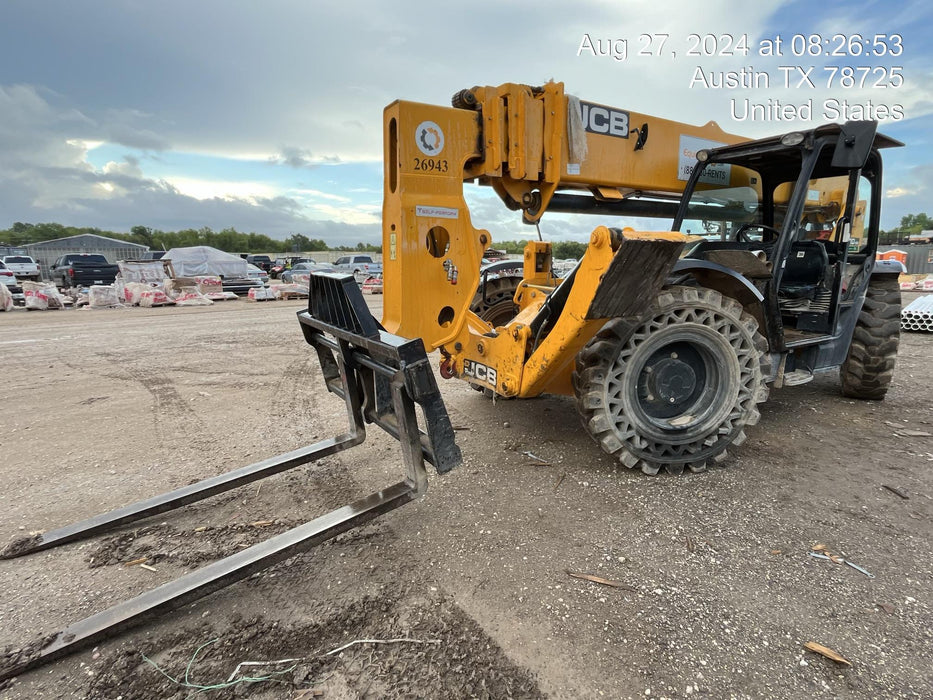 2019 JCB 510-56 74 HP w/Open ROPS, Beacon, Aux Hydraulics, Worklights, Solid Tires w/60" Carriage/Forks