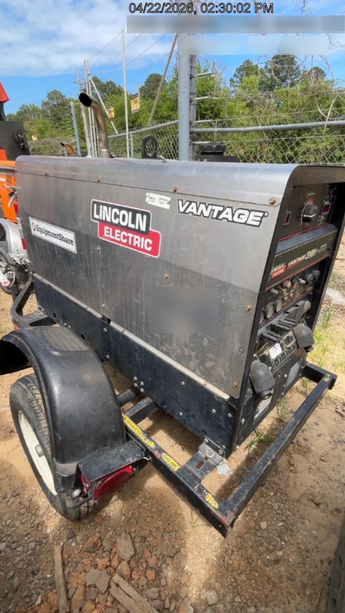 2019 Lincoln Electric Vantage 322 Welder Ready-Pak 3, Two wheel trailer, Fender and Light kit, Cable Rack