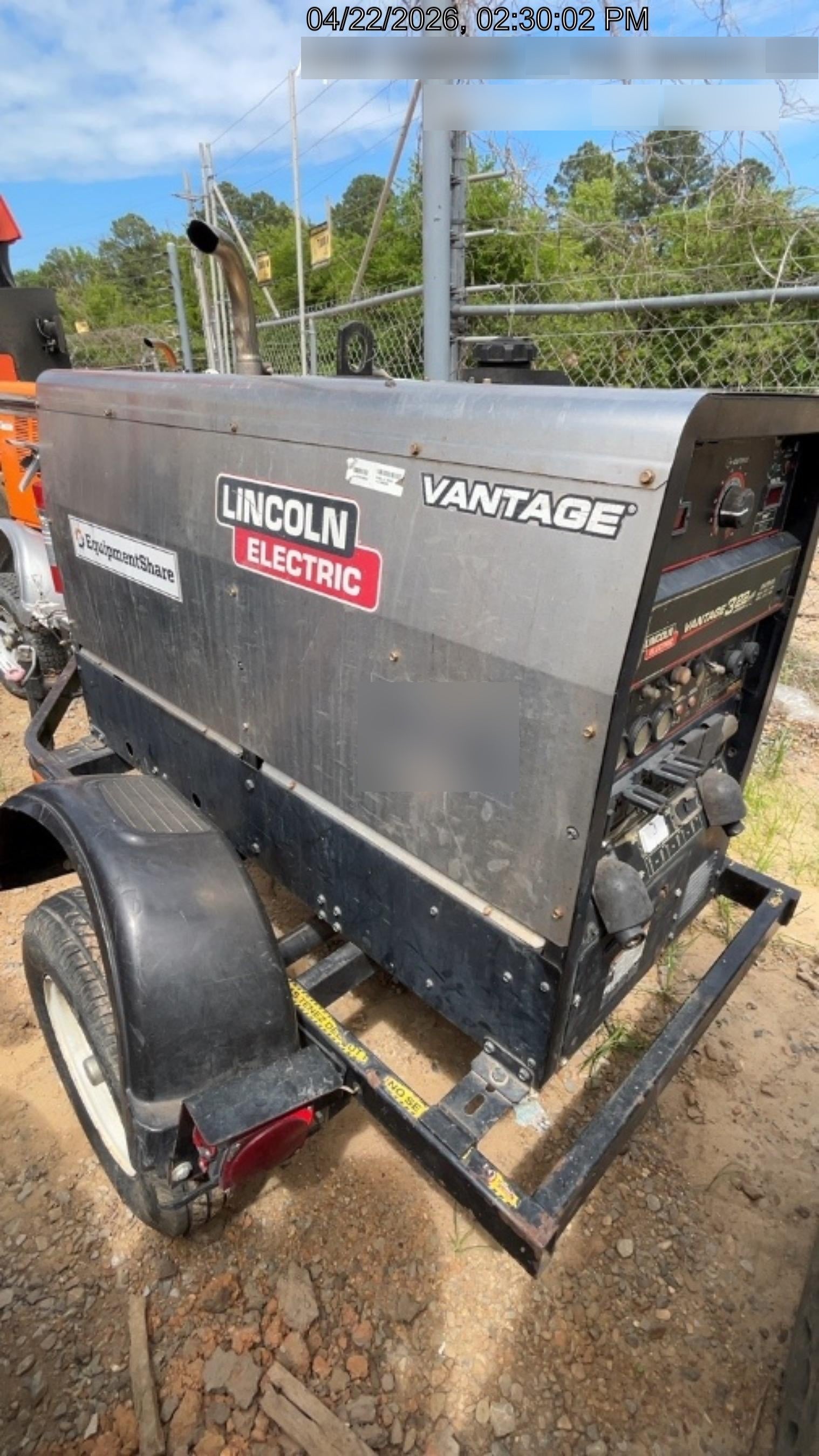 2019 Lincoln Electric Vantage 322 Welder Ready-Pak 3, Two wheel trailer, Fender and Light kit, Cable Rack