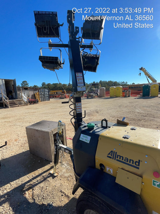 2022 Allmand NLV3GR (4) LED Light Fixture 350W, 23' Vertical Mast, 3kW Prime, Towable, Deep Sea L401, Leveling Jacks, Yanmar T4F 5.8hp