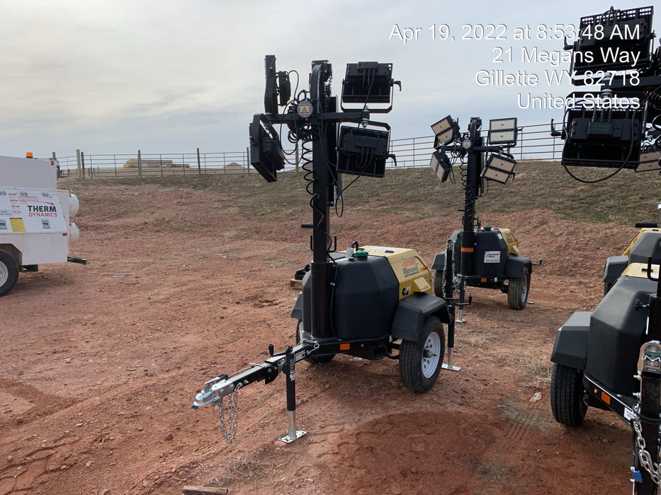 2021 Allmand NLV3GR (4) LED Light Fixture 350W, 23' Vertical Mast, 3kW Prime, Towable, Deep Sea L401, Leveling Jacks, Yanmar T4F 5.8hp