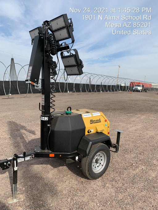 Allmand NLV3GR (4) LED Light Fixture 350W, 23' Vertical Mast, 3kW Prime, Towable, Deep Sea L401, Leveling Jacks, Yanmar T4F 5.8hp