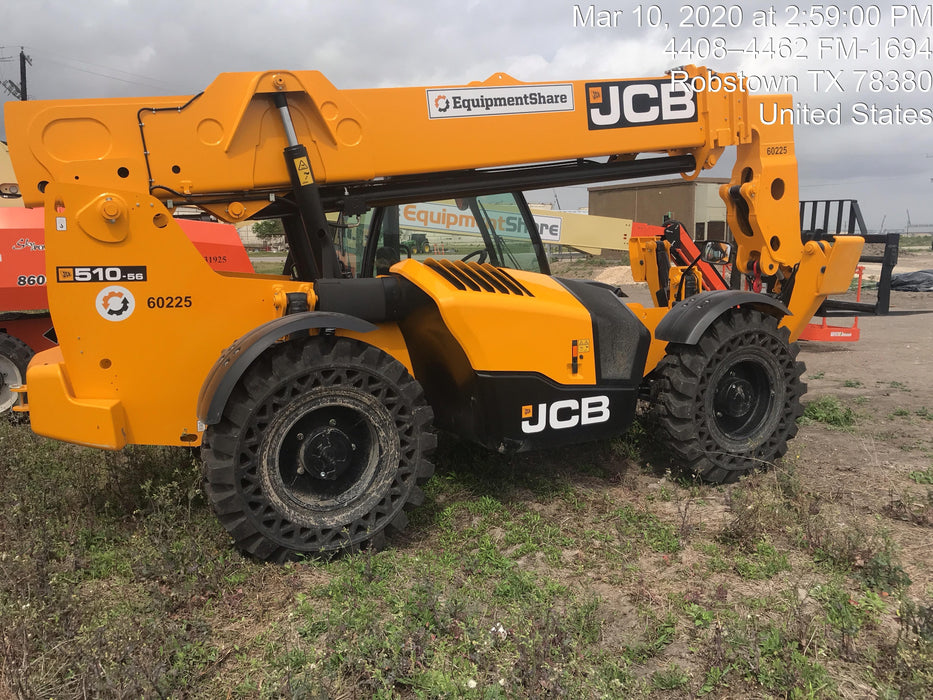 2020 JCB 510-56 Cab/Heat/Air, 74 HP, Solid Tires, STD Worklight, Beacon, Aux Hydraulics, Lifting Eye, Back up Alarm w/66" Carriage/60" Forks