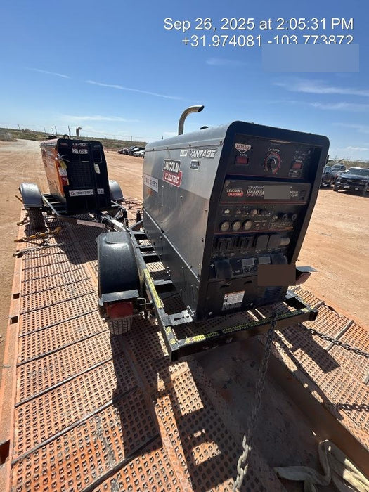 2019 Lincoln Electric Vantage 322 Welder Ready-Pak 3, Two wheel trailer, Fender and Light kit, Cable Rack