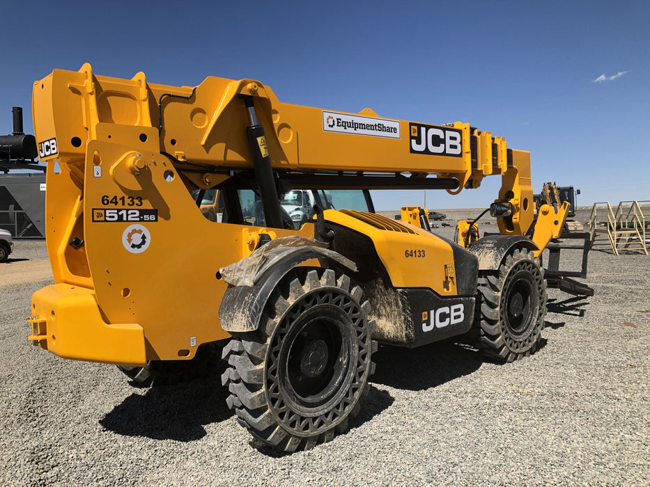 2019 JCB 512-56 Enclosed Cab, 109 HP, Solid Tires, Worklights, Beacon, Aux Hydraulics, Lifting Eye w/66" Carriage/60" Forks