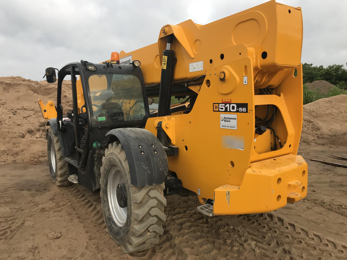 2019 JCB 510-56 74 HP w/Open ROPS, Beacon, Aux Hydraulics, Worklights, Solid Tires 60" Carriage/Forks