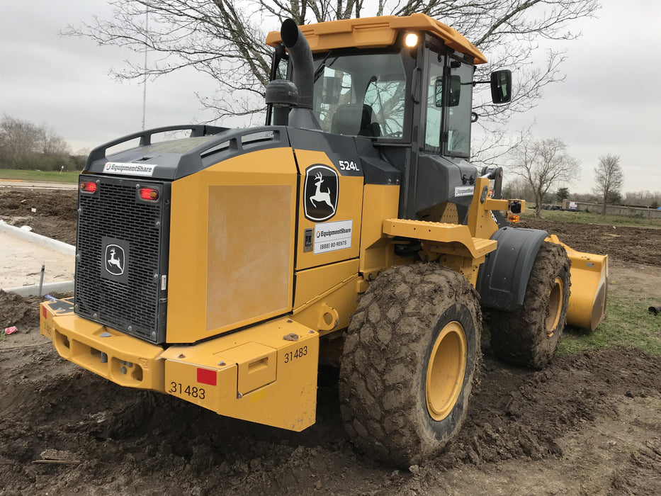 2019 John Deere 524L Cab/Heat/AIR, 3rd Function Hydraulics, Hydraulic JRB QC 2.75 Yd. Bucket, 60" Carriage/72" Forks