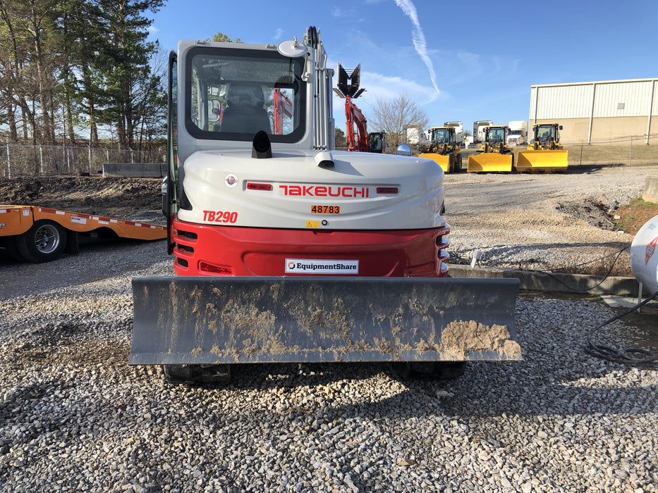 2019 Takeuchi TB290 Cab, AC, Rubber Tracks, Dozer Blade, Travel Alarm, Control Pattern Change Valve, Auxiliary Hydraulics w/18" Quick Coupler Bucket with teeth, 6.2 cu. ft. capacity/24" Quick Coupler Bucket with teeth, 8.6 cu. ft. capacity/36" Quick Coupler Bucket with teeth, 13.4 cu. ft. capacity, Quick Coupler, Hydraulic Thumb Installed