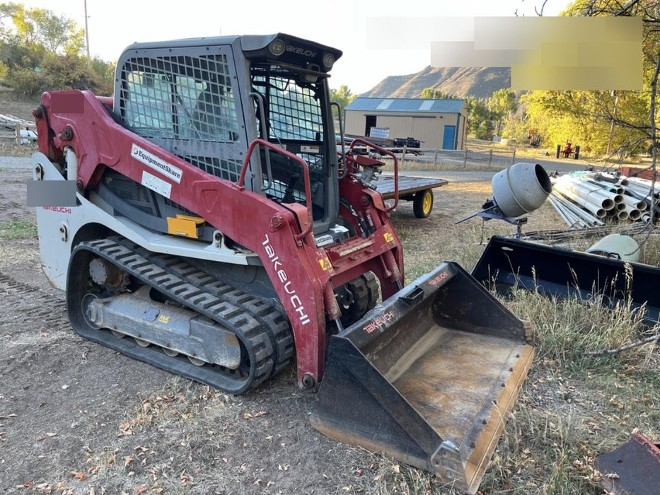 2019 Takeuchi TL10V2-CR Cab/Heat/AC, Rubber Tracks, Backup Alarm, Front & rear working Lights, Auxiliary Hydraulics, 2 Speed Travel, Engine Monitoring System, Hydraulic universal quick hitch w/76" HD dirt bucket with 8 teeth, 20.3 cubic feet capacity, 48" Pallet forks and frame