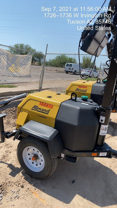 2021 Allmand NLV3GR (4) LED Light Fixture 350W, 23' Vertical Mast, 3kW Prime, Towable, Deep Sea L401, Leveling Jacks, Yanmar T4F 5.8hp