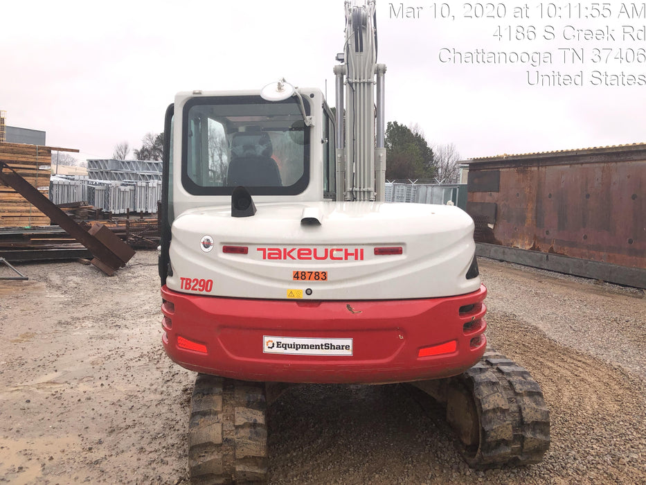 2019 Takeuchi TB290 Cab, AC, Rubber Tracks, Dozer Blade, Travel Alarm, Control Pattern Change Valve, Auxiliary Hydraulics w/18" Quick Coupler Bucket with teeth, 6.2 cu. ft. capacity/24" Quick Coupler Bucket with teeth, 8.6 cu. ft. capacity/36" Quick Coupler Bucket with teeth, 13.4 cu. ft. capacity, Quick Coupler, Hydraulic Thumb Installed