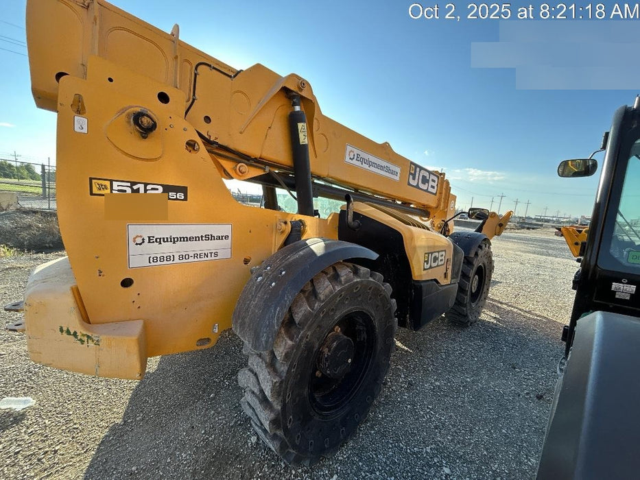 2019 JCB 512-56 Enclosed Cab, 109 HP, Solid Tires, Worklights, Beacon, Aux Hydraulics, Lifting Eye w/60" Carriage/60" Forks