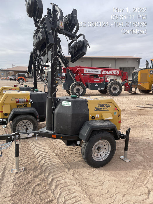 2022 Allmand NLV3GR (4) LED Light Fixture 350W, 23' Vertical Mast, 3kW Prime, Towable, Deep Sea L401, Leveling Jacks, Yanmar T4F 5.8hp