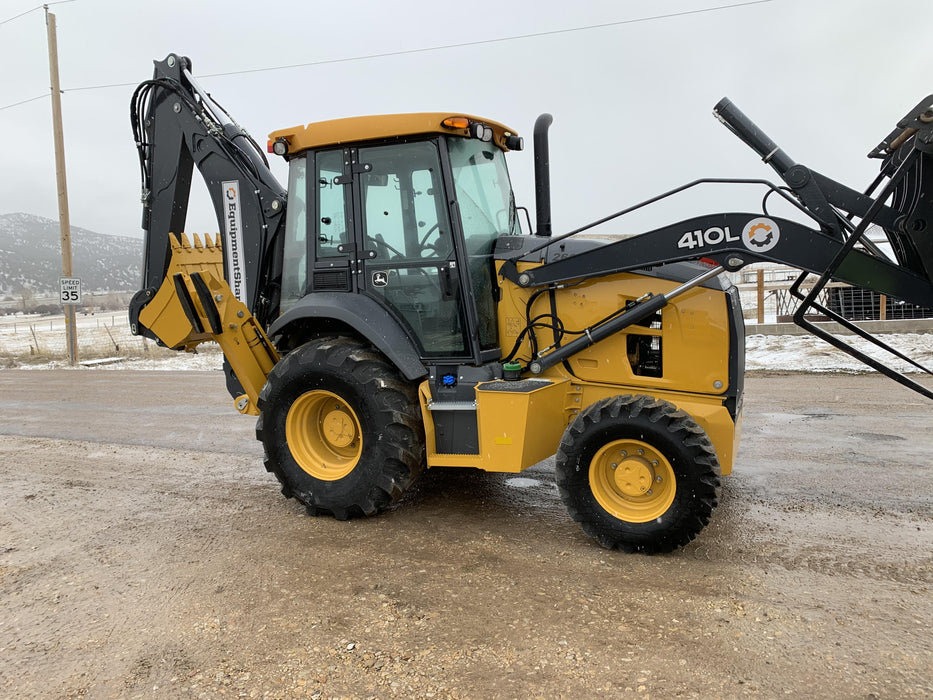 2019 John Deere 410L 4WD, CAB/HVAC, Standard Dipperstick, ISO Controls, Rear Aux Hydraulics, Manual QC w/1.5 Yd Bucket w/Forks, 24" Bucket