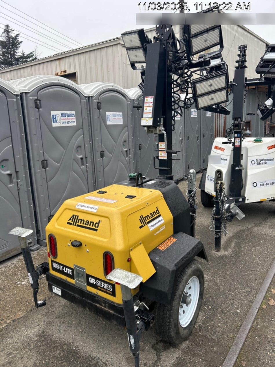 2022 Allmand NLV3GR (4) LED Light Fixture 350W, 23' Vertical Mast, 3kW Prime, Towable, Deep Sea L401, Leveling Jacks, Yanmar T4F 5.8hp