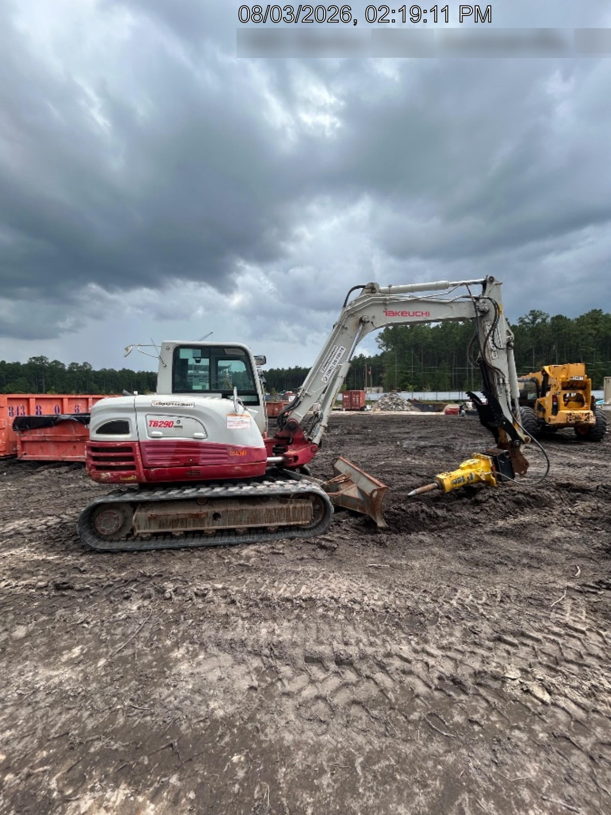 2019 Takeuchi TB290 Cab, AC, Rubber Tracks, Dozer Blade, Travel Alarm, Control Pattern Change Valve, Auxiliary Hydraulics w/18" Quick Coupler Bucket with teeth, 6.2 cu. ft. capacity/24" Quick Coupler Bucket with teeth, 8.6 cu. ft. capacity/36" Quick Coupler Bucket with teeth, 13.4 cu. ft. capacity, Quick Coupler, Hydraulic Thumb Installed