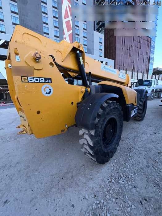 2019 JCB 509-42 74 HP w/Open ROPS, Beacon, Aux Hydraulics, LED Work lights, Solid Tires w/66" Carriage/60" Forks