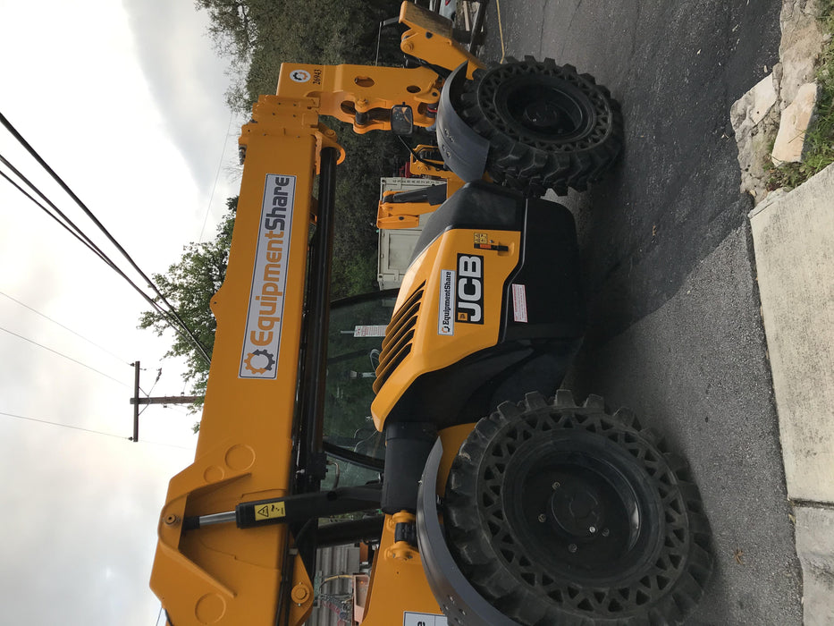 2019 JCB 510-56 74 HP w/Open ROPS, Beacon, Aux Hydraulics, Worklights, Solid Tires w/60" Carriage/Forks