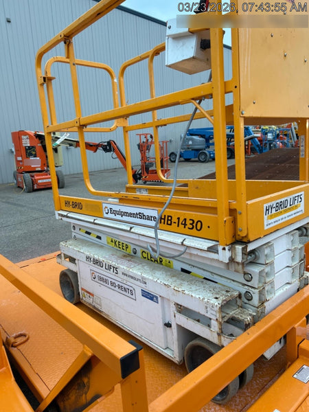 Custom Equipment HB-1430 <ul>
 <li>Hy-Brid Scissor Lift</li>
  <li>Platform capacity up to 670 lbs.</li>
  <li>Working height up to 20 ft</li>
  <li>Weighs under 1,700 lbs.</li>
  <li>Non-marking wheels </li>
</ul>