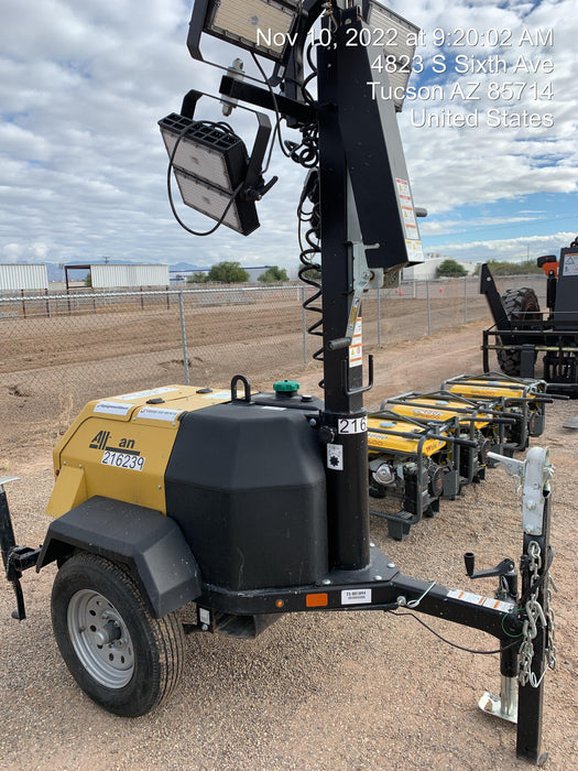 2022 Allmand NLV3GR (4) LED Light Fixture 350W, 23' Vertical Mast, 3kW Prime, Towable, Deep Sea L401, Leveling Jacks, Yanmar T4F 5.8hp