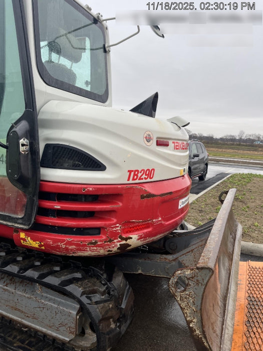 2019 Takeuchi TB290 Cab/Heat/AC Rubber tracks, Dozer blade, Travel alarm, Auxiliary hydraulics w/Manual QC, Hydraulic thumb, 18", 24", and 36" Buckets