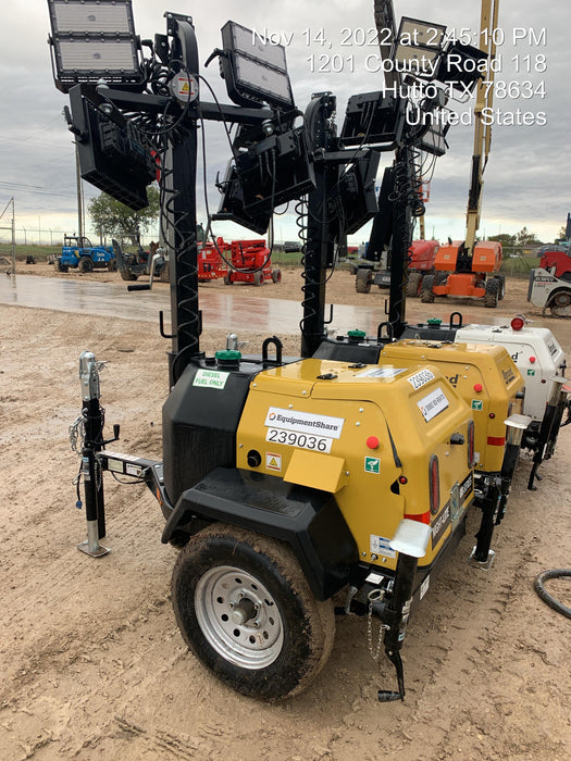 2022 Allmand NLV3GR (4) LED Light Fixture 350W, 23' Vertical Mast, 3kW Prime, Towable, Deep Sea L401, Leveling Jacks, Yanmar T4F 5.8hp