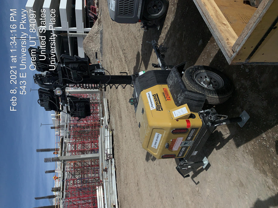 Allmand NLV3GR (4) LED Light Fixture 350W, 23' Vertical Mast, 3kW Prime, Towable, Deep Sea L401, Leveling Jacks, Yanmar T4F 5.8hp