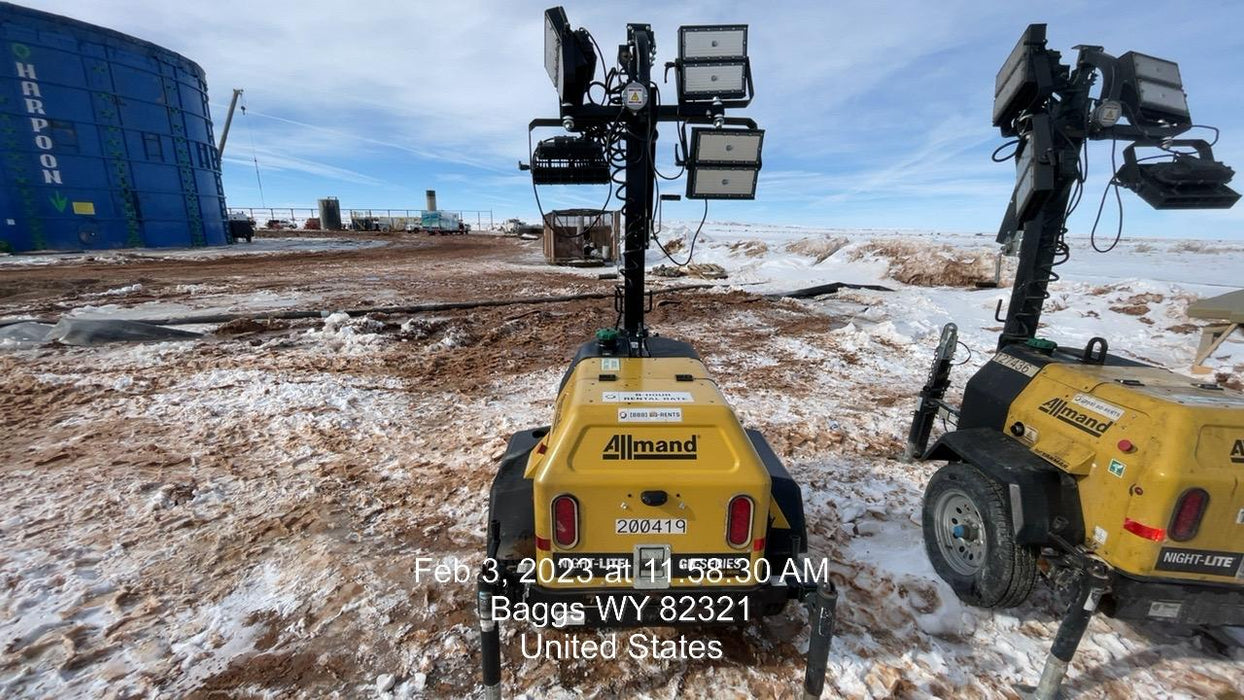 2022 Allmand NLV3GR (4) LED Light Fixture 350W, 23' Vertical Mast, 3kW Prime, Towable, Deep Sea L401, Leveling Jacks, Yanmar T4F 5.8hp