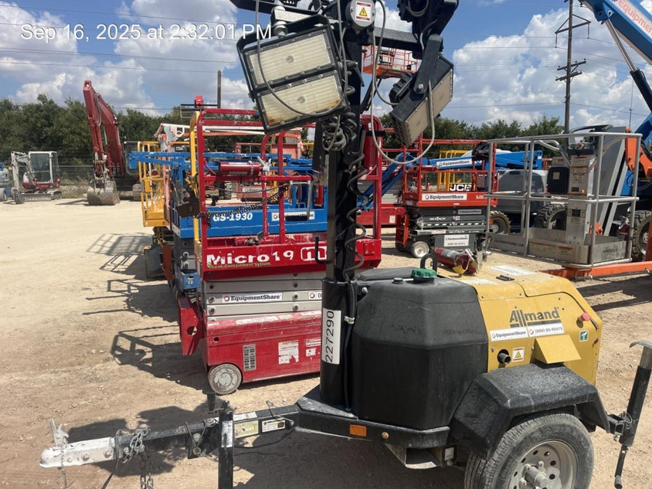 2022 Allmand NLV3GR (4) LED Light Fixture 350W, 23' Vertical Mast, 3kW Prime, Towable, Deep Sea L401, Leveling Jacks, Yanmar T4F 5.8hp