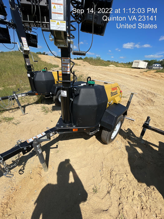 2021 Allmand NLV3GR (4) LED Light Fixture 350W, 23' Vertical Mast, 3kW Prime, Towable, Deep Sea L401, Leveling Jacks, Yanmar T4F 5.8hp