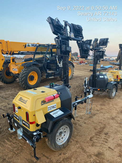 2022 Allmand NLV3GR (4) LED Light Fixture 350W, 23' Vertical Mast, 3kW Prime, Towable, Deep Sea L401, Leveling Jacks, Yanmar T4F 5.8hp