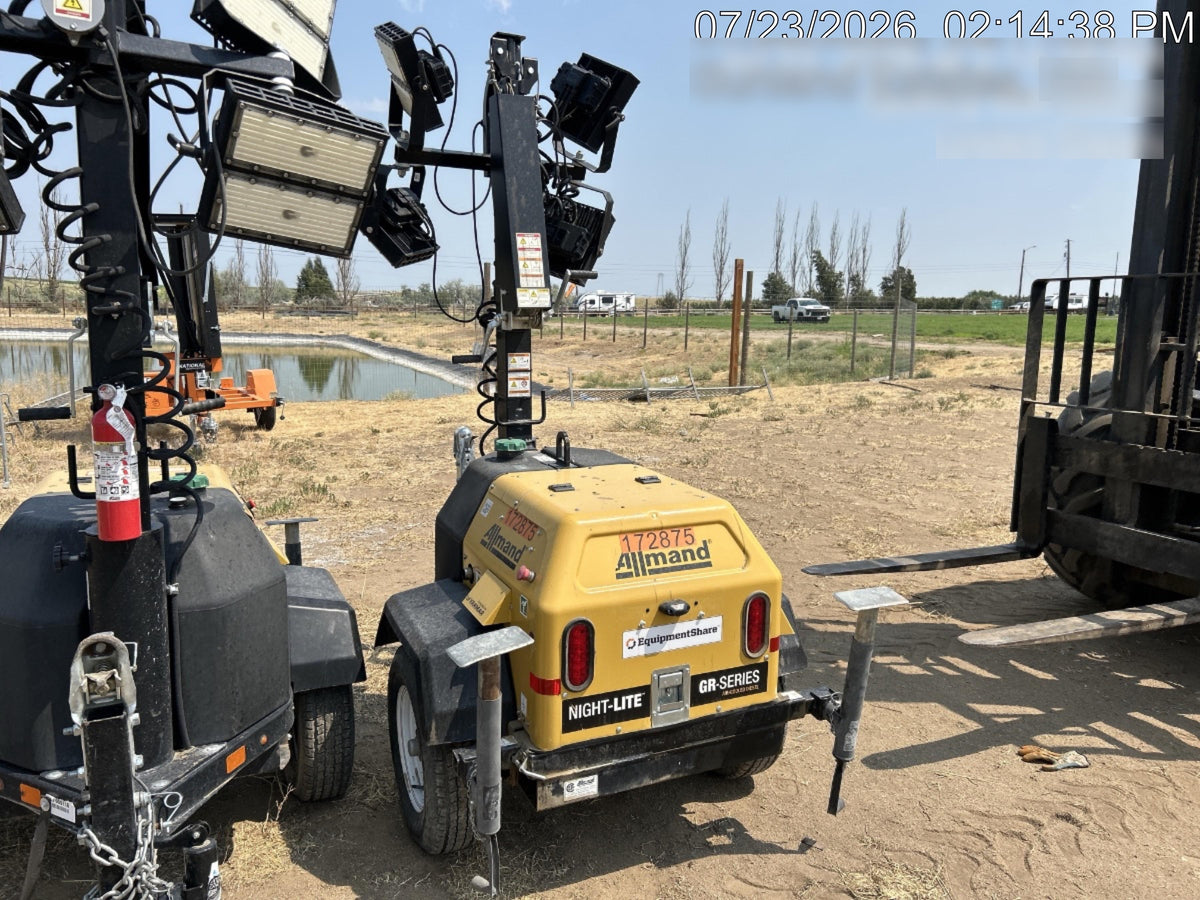 2021 Allmand NLV3GR (4) LED Light Fixture 350W, 23' Vertical Mast, 3kW Prime, Towable, Deep Sea L401, Leveling Jacks, Yanmar T4F 5.8hp