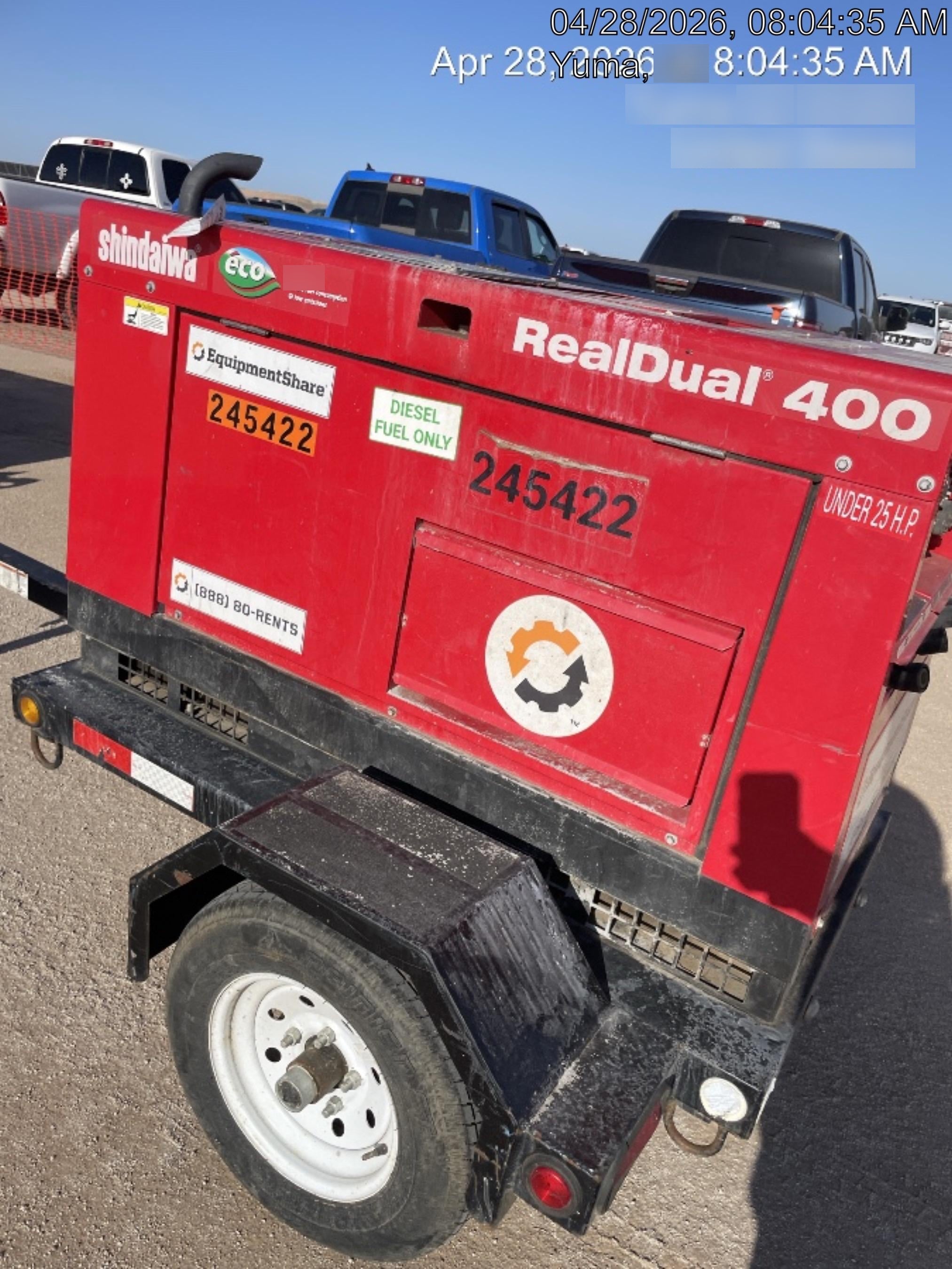 2022 Shindaiwa DGW400MDL Kubota D902 Engine, 23 HP, Dual Op Welder, Wire, Arc, Droop Stick, Tig, and CC Stick Functionality, Simulphase, 3 Phase and 1 Phase Gen Output, Single Axle NB Trlr, Slr Trckl Chrg 12V 12W, Fire Ext