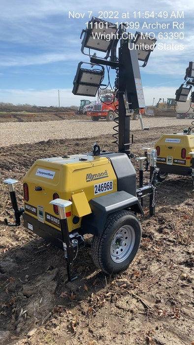 2022 Allmand NLV3GR (4) LED Light Fixture 350W, 23' Vertical Mast, 3kW Prime, Towable, ES Decals, T3