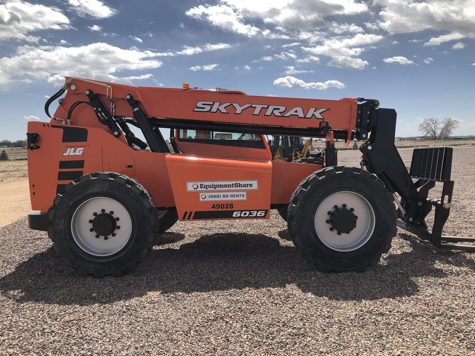 2019 Skytrak 6036 Cab/Heat/Air, Solid Tires, LED Work Lights, Beacon w/50" Carriage, 48" Pallet Forks