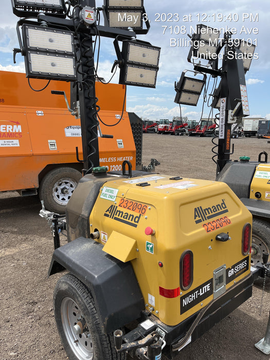 2022 Allmand NLV3GR (4) LED Light Fixture 350W, 23' Vertical Mast, 3kW Prime, Towable, Deep Sea L401, Leveling Jacks, Yanmar T4F 5.8hp