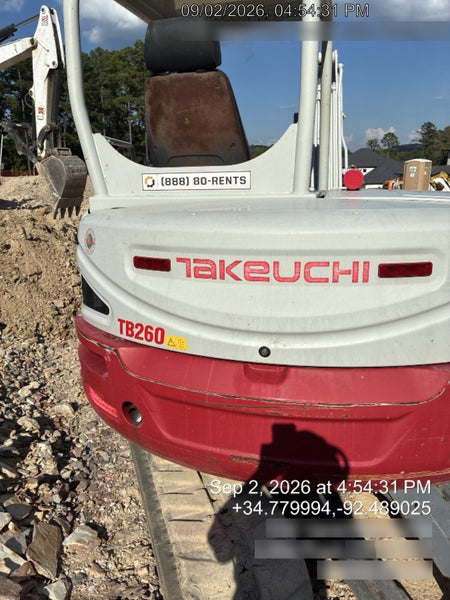 2019 Takeuchi TB260 Takeuchi TB260 Canopy w/Rubber Tracks, Auxiliary Hydraulics, Standard Blade, Manual QC, 12 / 18 / 24" Buckets, Hydraulic Thumb Installed